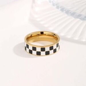 Black and White Checkered 18K Gold Plated Titanium Ring Band Size 8